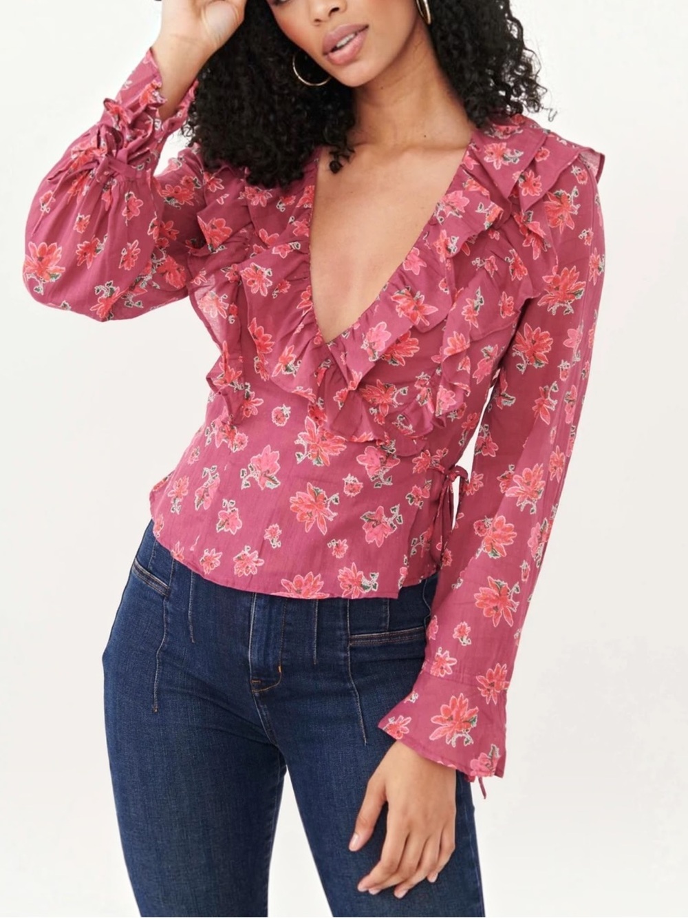 Free People Floral V-neck Long Sleeve Wrap Top
